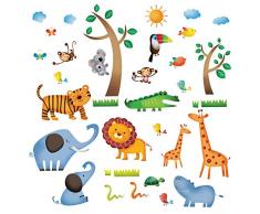 DECOWALL DW-1206 Giungla Zoo Animali Adesivi da Parete Decorazione Scimmiette Murali Asilo Nido Camera Cametetta Letto per Bambini Bambino Riposizionabile