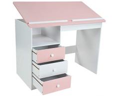 Scrivania per Bambini | Angolo Regolabile, con 3 Cassetti e 1 Ripiano, 100x55x73cm, MDF Stabile, Colore Bianco/Rosa | Tavolo da Disegno Inclinabile, Scrivania da Ufficio