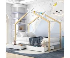 KecDuey Letto per bambini, 90 x 200 cm, con 2 cassetti, in legno massiccio con rete a doghe, per la cameretta dei bambini e dei ragazzi, blu navy (90 x 200 cm, bianco)