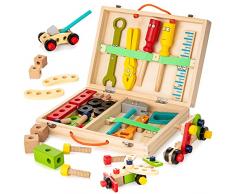 KIDWILL Kit di Attrezzi da Lavoro per Bambini Cassetta degli Attrezzi in Legno Giocattolo da Costruzione Educativo