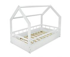 MS FACTORY Letto Casetta in Massello 80x160cm con Telaio a Doghe - Letto per Bambini Singolo con Sponda Anticaduta - Stile Scandinavo Nordico Montessori - Barriere Bianche