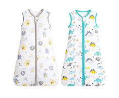 Set di 2 Sacco Nanna Estivo 12-24 Mesi, 0.5g Coperta con Cerniera, Cotone Organico Leggero Sacco Nanna Asilo, 80 - 90 cm, Dinosauri / Animali