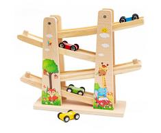 Nukdey Rampe per auto in legno|Scivolo per auto a zig zag|Giocattoli per bambini Pista da corsa in legno con 4 macchinine in legno per regali per bambini di 1 2 anni (Forest)