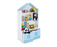 Relaxdays Scaffale Portagiochi, con Tetto, 5 Scomparti, 2 Cassetti, Libri e Giocattoli, HxLxP: 128x75x34 cm, Blu Bianco