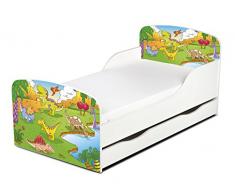 Letto Lettino Per Bambini In Legno e Materasso Magnifiche Stampe Mobili Per Bambini Attrezzatura Stanza Per Bambino Dimensioni 140x70 Motivo Dinosauri Preistoria Mondo Di Grandi Rettili
