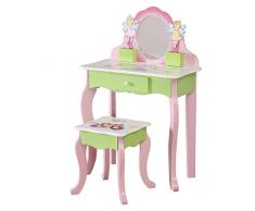 WODENY - Set da toeletta e sgabello, con cassettiera e sedia, accessori per il trucco, per bambini, con specchio e farfalle, colore: rosa e verde