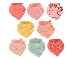 8 Pezzi Bavaglini Cotone Bavaglino Morbido e Assorbente Asciugamano Saliva Bavaglini a Triangolo per Neonati, Bambini e Neonati ragazze