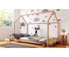 Letto Montessori design a Casetta 90x200 80x180x160 - Letto a Capanna per Bambini - Per Bambini e Bambine - Legno di Pino naturale, Colore:Pino, Misura:180 x 80 cm