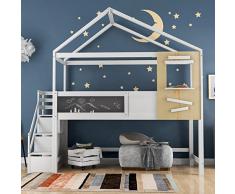 Letto a soppalco per bambini, 90 x 200 cm, con scale e 3 cassetti, letto a castello con protezione anti-caduta e rete a doghe, in legno massiccio, letto per bambini, letto matrimoniale, bianco