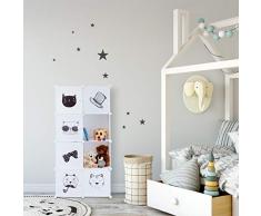 Relaxdays Scaffale Componibile per Cameretta dei Bambini, con Gatti, 7 Scomparti Armadietto HLP: 145x74x36,5 cm, Bianco