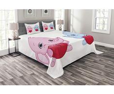 ABAKUHAUS Elephant Nursery Copriletto, Cuori Gemelli, per la Camera da Letto, 220 x 220 cm, Pallido Rosa Blu Bianco