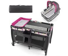 RELAX4LIFE 4 In 1 Lettino da Campeggio per Bambini, Culla Neonato con Fasciatoio, Carillon e Giocattoli Appesi, Borsa per il Trasporto (Pink)