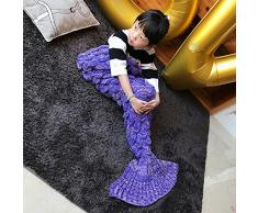 eCrazyBaby Coperta a Coda di Sirena indossabile allUncinetto, Tutte Le Stagioni Caldo Coperte da Letto a Maglia Divano Soggiorno Trapunta per Bambini, Modello di Squame di Pesce, 140 x 70 cm, Viola