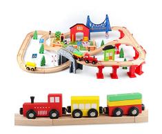 Jacootoys 80 pezzi Trenino Legno Giocattoli Pista Macchinine Ferrovia Treno Giocattolo Giochi Educativi Fienile in fattoria per bambini da 3 anni