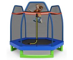 COSTWAY Trampolino Elastico per Bambini 223 cm, Tappeto Elastico per Bambini in Acciaio, con Rete e Cuscinetto a Molle, Ideale per Giardino e Cortile, Carico Massimo 50 kg (Blu)