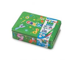 CARIOCA Color Box | Pennarelli Lavabili per Bambini Scatola Latta Verde, Set Pennarelli Punta Fine e Punta Grossa con Album da Colorare, 100 Pennarelli