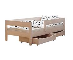 WNM Group Letto Singolo per Bambini Miki con cassetti, 4 Colori, Molte Dimensioni Diverse, Legno Massiccio + panello in Legno truciolare, 140x70, Rovere Imbiancato