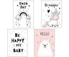 Set di 4 Poster decorativi,Poster Cameretta Bambini e Bambine,Unicorni, nuvole, agnellini, auguri per la cameretta dei bambini (senza cornici)