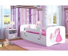 Letto per Bambini Singolo Bianco 70x140 80x160 80x180 con sponda anticaduta con barriera con Materasso cassettone Estraibile e Telaio a doghe per Bambini e Bambine - 180x80 - Principessa e cavallo