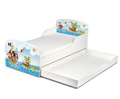 Letto Lettino Per Bambini In Legno Cassetto Cassettone e Materasso Magnifiche Stampe Mobili Per Bambini Attrezzatura Stanza Per Bambino Dimensioni 140x70 Motivo Pirati