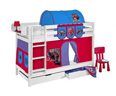 Letto a castello Jelle Spiderman, letto a soppalco LILOKIDS, bianco, con tenda e rete a doghe