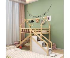 Letto per bambini, 90 x 200 cm, letto a castello, letto con scale e recinzioni, con scala di stoccaggio e scivolo, protezione anticaduta e griglia