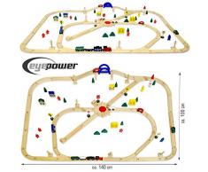 eyepower Trenino di Legno + Linea Ferroviaria + Accessori 140x110cm | ca 6m di binari per treno | 96 pezzi | infinitamente espandibile combinabile gioco creativo