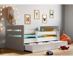 Letto per Bambini Singolo 140x70 160x80 180x80 con sponda anticaduta con barriera cassettone Estraibile e Telaio a doghe per Bambini e Bambine - Classico - Grigio - 80 x 180 cm (Senza Materasso)