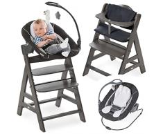Hauck Alpha Plus Newborn Set Deluxe - Seggiolone Legno dalla Nascita - Sedia Bambini con Sdraietta Dondolo, Reclinabile e Cuscino - Carbone