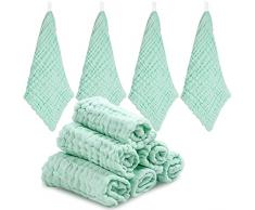 ABirdon 10 Pz Mussole Asciugamani Bambini, Cotone Organico Naturale Asciugamano Viso Neonato, 30cm*30cm Extra Morbidi Asciugamani da Bagno per Pelli Sensibili (Verde)