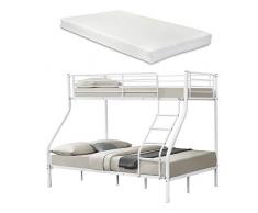 [neu.haus] Letto a castello metallo 2 Materassi a schiuma fredda Barriera anticaduta 200cm x 140/90cm Letto per bambini Bianco