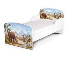 Letto Lettino Per Bambini In Legno e Materasso Magnifiche Stampe Dimensioni 140x70 Motivo Dinosauri Jurassic Preistoria Tirannosauro Diplodocus Velociraptor