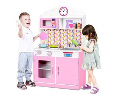 COSTWAY Cucina Giocattolo per Bambini in Legno, Accessori da Cucina, Gioco Educazione Tavola Divertimento, 95,5x57x28cm, Rosa