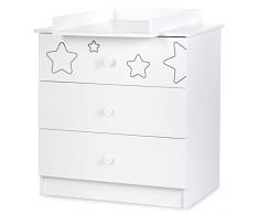Klups TINO - Cassettiera per bambini, 3 cassetti, motivo stelle + piano fasciatoio rimovibile, 83 x 54 x 87 cm, colore: Bianco