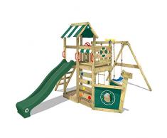 Gioco da giardino WICKEY SeaFlyer con altalena e scivolo verde, struttura da esterno per bambini con sabbiera, scaletta e accessori da gioco