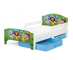 Leomark Smart letto per bambini in legno, lettino con cassetto cassettone e materasso 140x70cm, magnifiche stampe, mobili per bambini, attrezzatura stanza per bambino, tema: ZOO ANIMALI