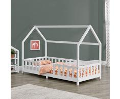 [en.casa] Letto per Bambini a Forma di Casetta e Barriere - Struttura in Legno di Pino - Letto Singolo 200x90 cm per Cameretta - Bianco
