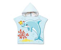 Chickwin Asciugamano Poncho Bambino, Cartone Animato Kids Accappatoio Microfibra Asciugatura da Bagno con Cappuccio Asciugatura Rapida per Spiaggia Bagno (60x80cm,Delfino)