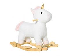 HOMCOM Cavallo a Dondolo 2 in 1 a Unicorno con Base Curva e Ruote, Suoni Integrati e Rivestimento Peluche, 63x38x63cm, Bianco