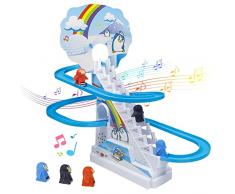 Keptfeet Scivolo Rotante con Suono e Luce, Giocattolo per Scale rampicanti Pinguino Elettrico per Bambini, Giocattolo per Auto su rotaia assemblato, Giocattolo Scala Automatica elettrica