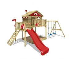 WICKEY Parco giochi in legno Smart Coast Giochi da giardino con altalena e scivolo rosso, Casa su palafitte da esterno con sabbiera e scala di risalita per bambini