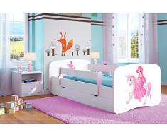 Bjird Letto per Bambini Singolo Bianco 140x70 160x80 180x80 con sponda anticaduta con barriera cassettone Estraibile - Principessa sul Cavallino - 70 x 140 cm (Senza Materasso)