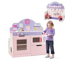 COSTWAY Cucina Giocattolo di Legno per Bambini, Ristorante con Tavolino e Sedie, con Padella e Spatola, Rosa