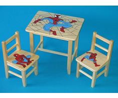IPP Set in legno tavolino con 2 sedie per cameretta bambini. M24. Ottima idea regalo.Completo in pino con disegno a mano. SPIDERMAN