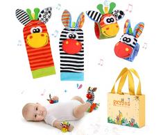 Giochi Neonato Sonagli Sensoriali per Bambini, Calzini da Polso Simpatici Animaletti Developmental Soft Toys Bambole per Neonati Neonato, 4 Pezzi (Colour 1)