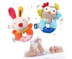 JoyPlus Giocattolo Sonaglio Neonati, 2 Pezzi Giochi Sensoriali per Neonati, Giochi Peluche Neonato, Sensoriale di Peluche Animali Giocattoli per 0-12 Mesi Bambini