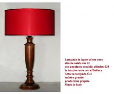 Lampada grande in legno, da tavolo o scrittoio, colore noce; altezza totale cm 62 con paralume modello cilindro in tessuto plastificato rosso con rifinitura; produzione propria - made in Italy