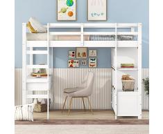 Moimhear Lettino a soppalco 140 x 200 cm, con cassetti e scrivania sotto il letto, colore: bianco