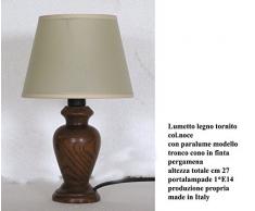 Lampada lumetto abat jour da comodino in legno tornito con paralume; produzione propria, made in Italy (212 pergamena chiara)