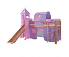 Relita Toby - Letto a soppalco in legno di faggio massiccio con scivolo, torre, tessuto viola/rosa viola/rosa